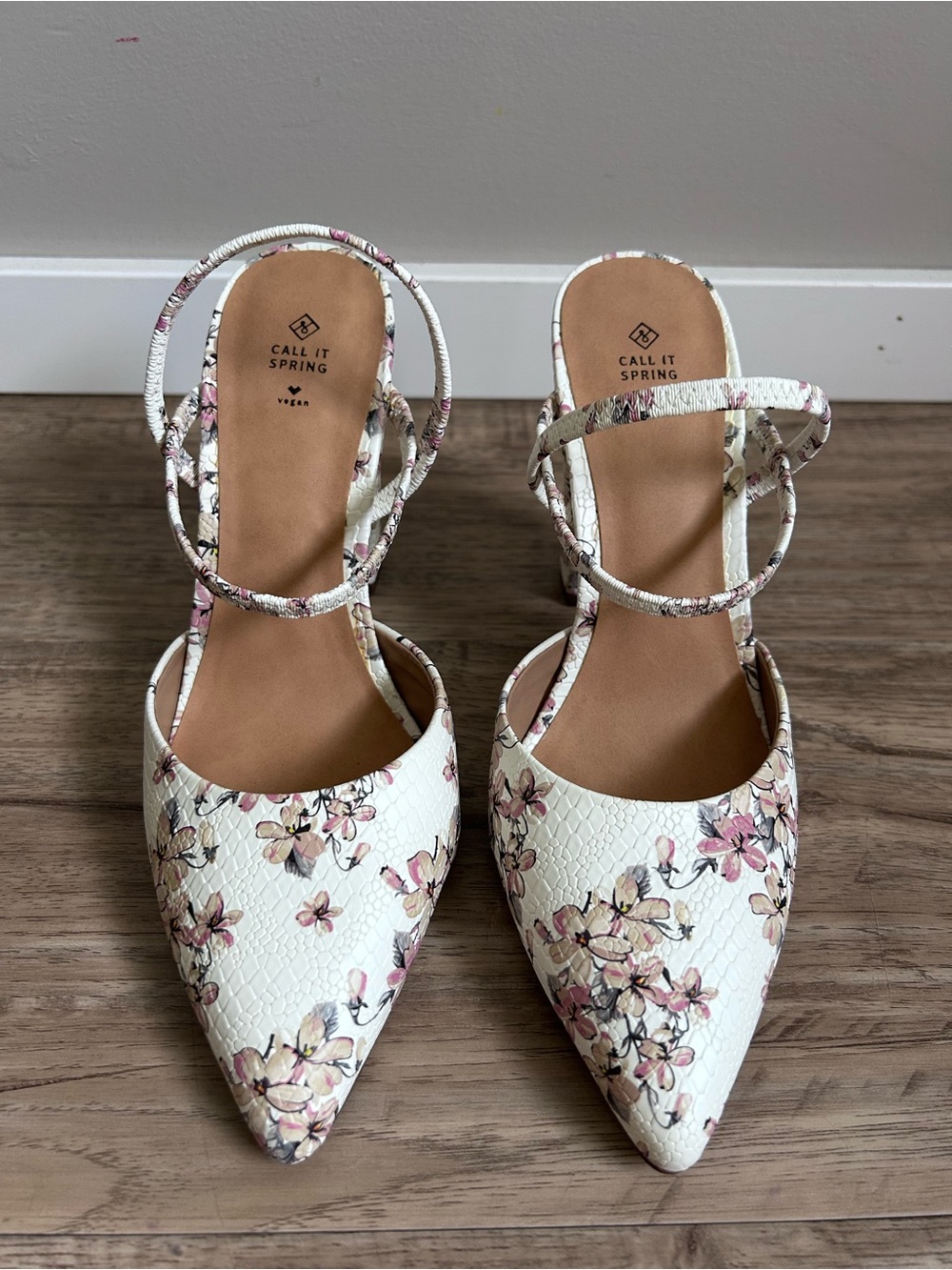 Floral vegan Pointed-Toe Block Heel strappy Mules White pink flowers summer - Picture 9 of 9